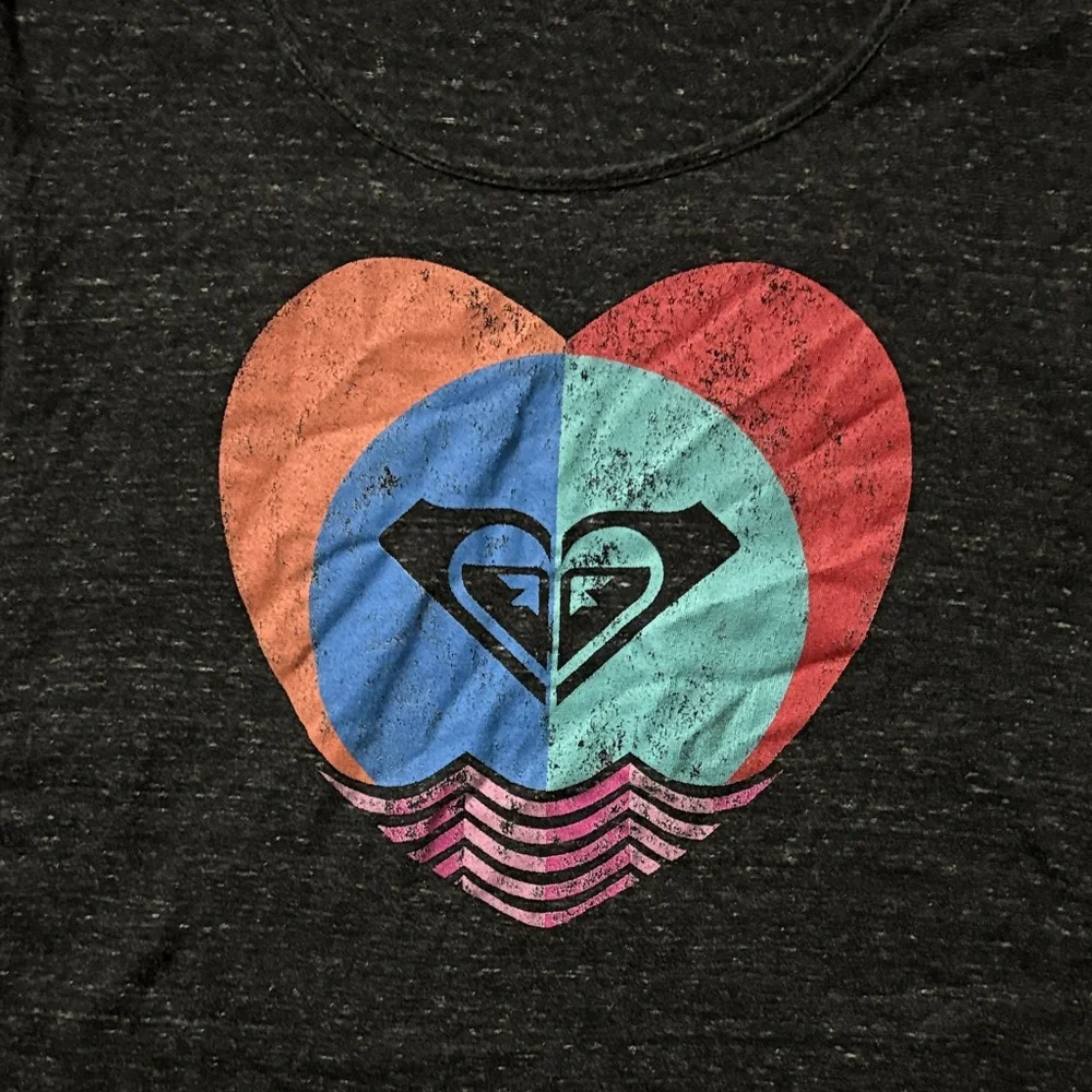 Roxy Charcoal Tee with Multicolor Heart Graphic - Picture 2 of 5